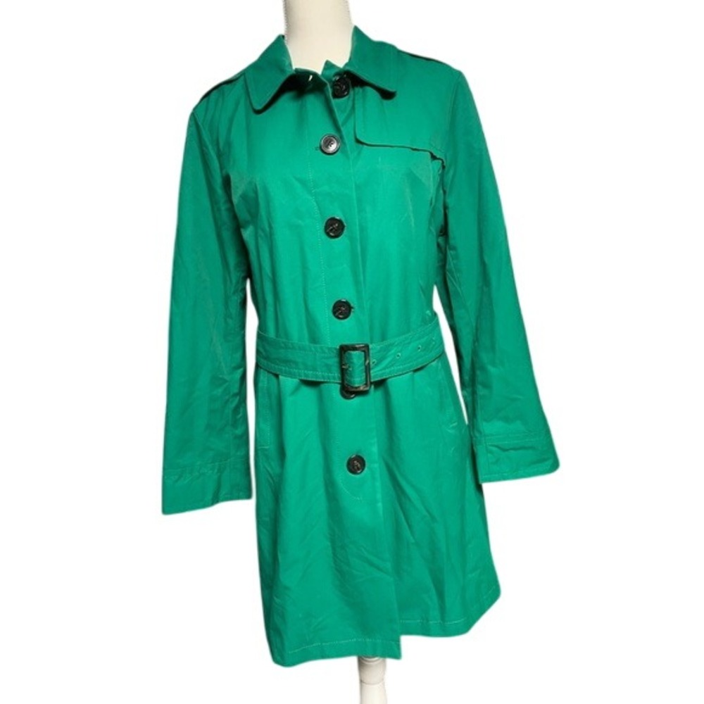 Lands End Green‎ Belted Button DownTrench Coat Women's Large 14/16 Petite